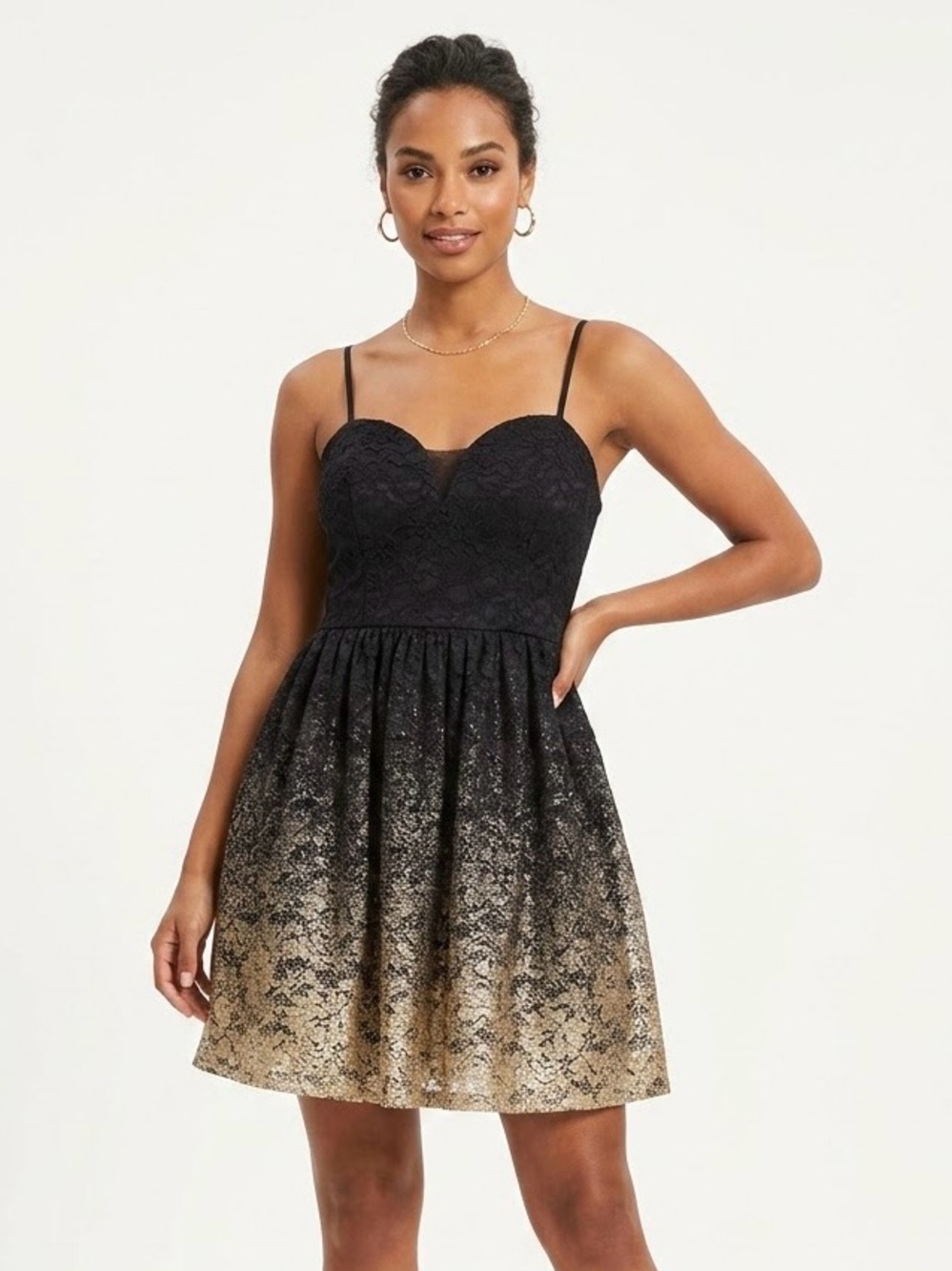 B Darlin Dark Blue and Gold Ombre Lace Fit & Flare Mini Party Prom Guest Dress
